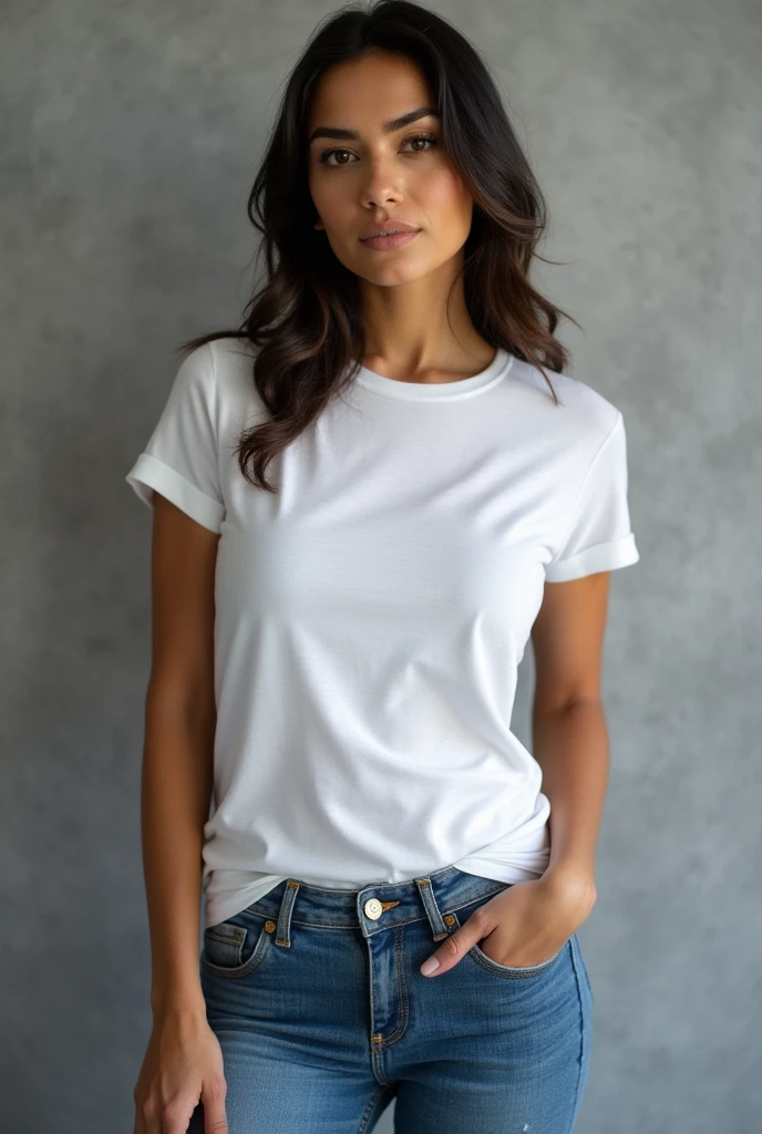 beautiful latin woman, standing straight facing forward,with white t-shirt, denim jeans pants, on a greyish background, cotton t-shirt texture, fitted t-shirt, round neck, striped tights. Medium camera shot.