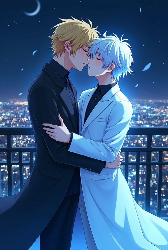 A very cute image of two boys kissing. Both boys are wearing long urban style clothes. One of the boys is a ghost. He has translucent blue skin and white hair. The two are kissing passionately on a dark night. They are on a balcony and in the background there is the city at night. The two are kissing passionately. The image has to be in anime.
