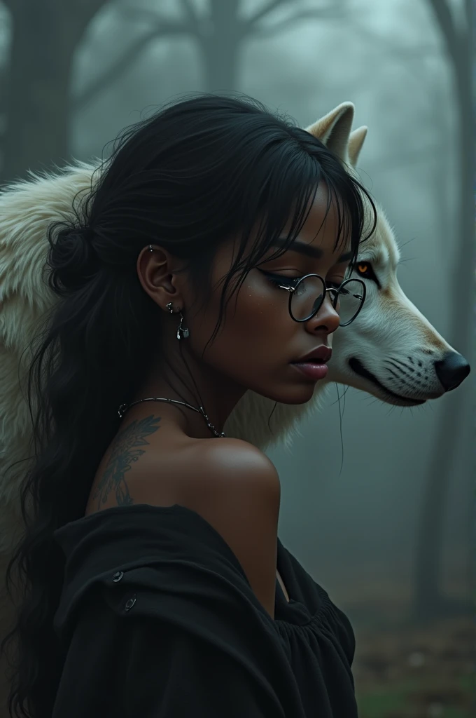 Une fille noire avec des lunettes et des piercings et un tatouage au cou, qui pleure et qui est triste, avec un loup blanc derrière elle triste