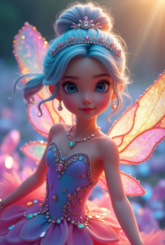 In Disney style, create a beautiful girl, rainbow colored hair, tied on top of her head with a princess tiara, big crystal clear eyes, intricate dress in colorful and iridescent petals, matching the wings, scenery: she dances amidst many colorful crystals, clear image in vibrant colors, high quality, 8k. HDR.