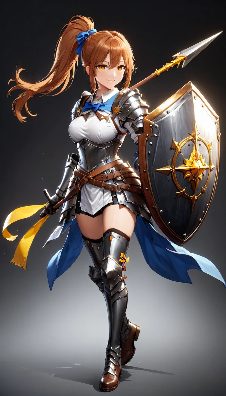 One person, alone, shield, arms, Knee socks, Extremely skilled, gloves, boots, Long Hair, Black background, armor, brown-gloves, ponytail, Orange Hair, full body gun, ribbon, Holding, Simple Background, Holding-arms, View your viewers, hair-ribbon, black-Knee socks, Brown footwear, smile, Brown eyes, shirt, Yellow Eyes, Are standing, Shorts, Knee pads, blue-ribbon, belt, shoulder-armor, white-shirt, Best, ((Spear and Shield)), ((Big Breasts) 1.2)
