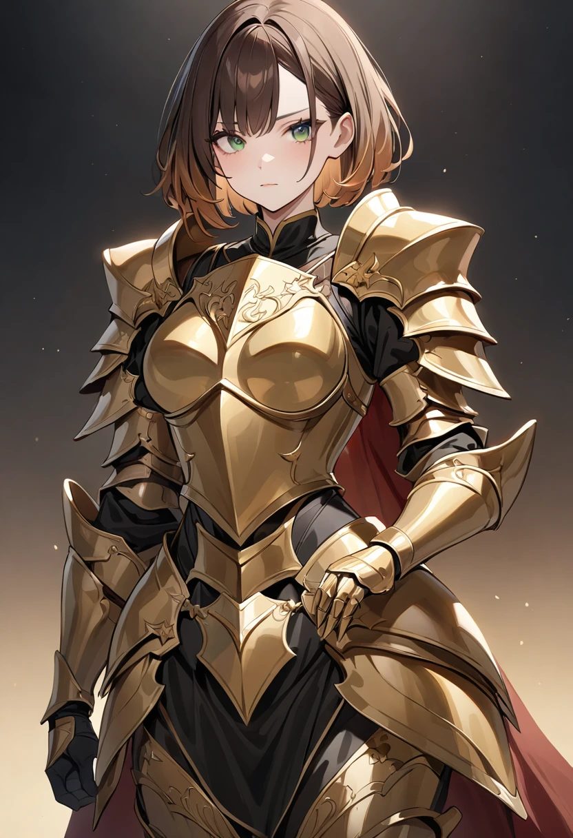 (masterpiece, top quality, very aesthetic, 4k、illustration), ()、intricate detail, 1woman,solo,contrapposto 、(gradient eyes、tareme)、very short hair、asymmetrical bangs,Fair skin,(upper body)、beautiful women、clear face、Serious Face、(Full Plate Armor、Holding a helmet),beautiful face、(gradient hair)、(brown hair)、sidelock ,,green eyes、Knight　Armor、Full Body gold Armor、medium breasts、slender 、