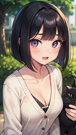 Girl and cat, kiss, (Wearing the uniform of Tharoor High School, long sleeve, cardigan, sleeve_past_wrist, Dark black hair, Bob Cut Hair, Mid-length hair, (close your eyes:0.6), small open mouth, candy, clavicle, Cleavage), A day in the park
Break a beautiful little face, Beautiful big round eyes, The extremely complex pupil in the eye, Long eyelashes, double eyelid, Very fine grain, Detailed hair, Large Breasts, thin, Smile, cute, cute, insanely detailed dresses, Perfect Anatomy, Dynamic pose, Dynamic Angle
Blake's masterpiece, Highest quality, Super detailed, Perfect design, Absurd, High resolution, Realistic, Realistic shadows, RAW Photos, (Ultra-fine illustrations:1.2)