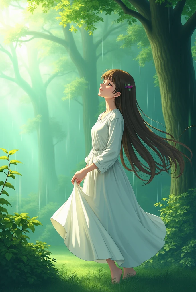 Create a anime style landscape image. Digital anime featuring a serene forest scene with a young woman as the central subject. The layout is vertical, with the woman positioned slightly off-center to the right. She has long, flowing brown hair and fair skin, and her eyes are closed as she tilts her head slightly upward, giving an impression of tranquility. She is wearing a white dress with long sleeves, which contrasts with the lush green foliage surrounding her. The background depicts tall trees with light filtering through the canopy, creating a misty, ethereal atmosphere. Raindrops are visible, adding a sense of freshness and calm to the scene.