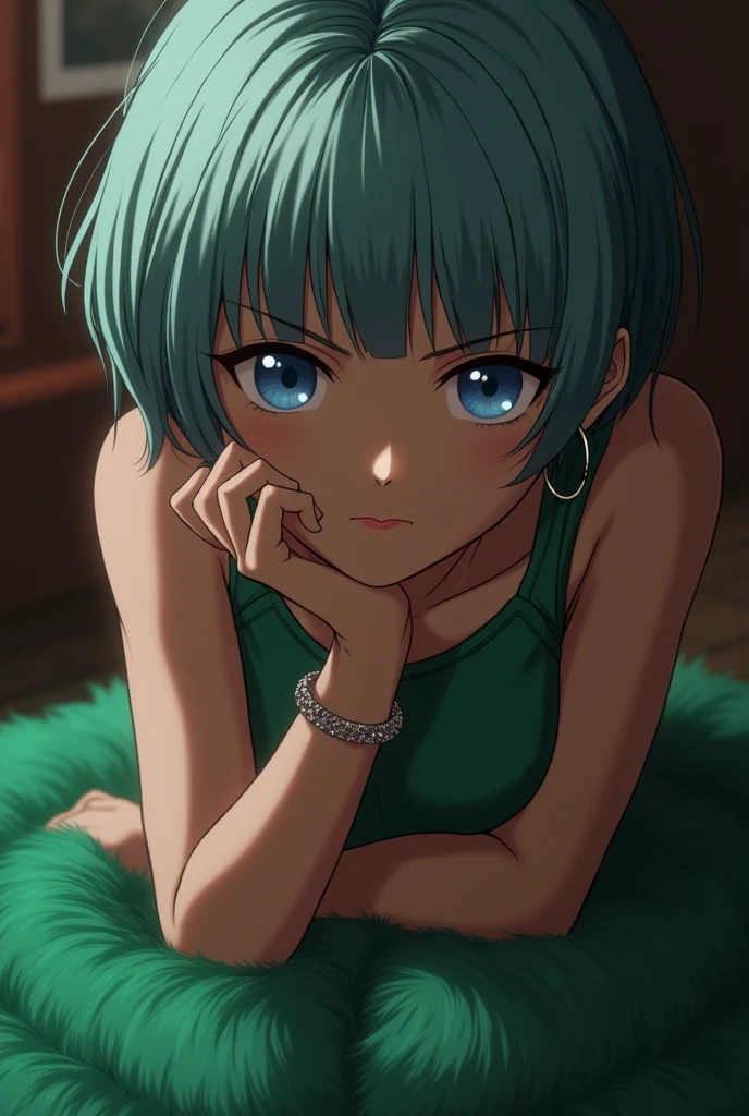 buu saga, bulma, 1 girl, Alone, looking at the viewer, Bowl cut, very short hair, blue eyes, tenure, jewelry, Upper part of the body, earrings, green fur, sleeveless, inside, bracelet, smoke, look, cigarette, hoop earrings, green dress, de smoke, wristlook, lighting cigarette, tits in sight