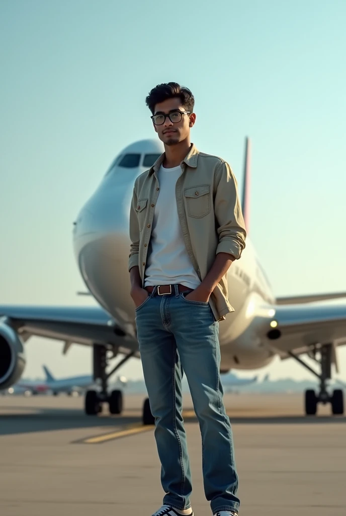 20 year old Indian boy wearing normal dress and glasses posing for aeroplane in background