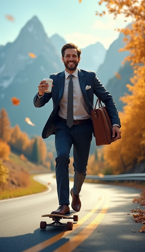 A man in a suit, holding a coffee cup in his left hand and a business bag in his right hand, riding a skateboard on the road at high speed. He looks happy, and the background atmosphere is a mountain with leaves blowing.