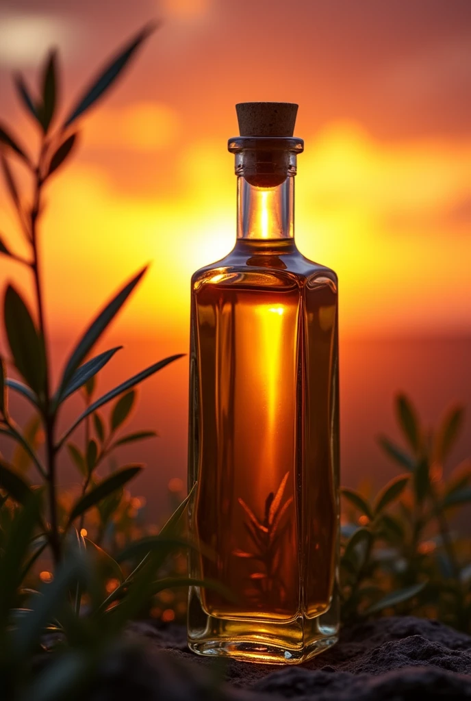 A bottle of olive oil in a striking sunset without a label