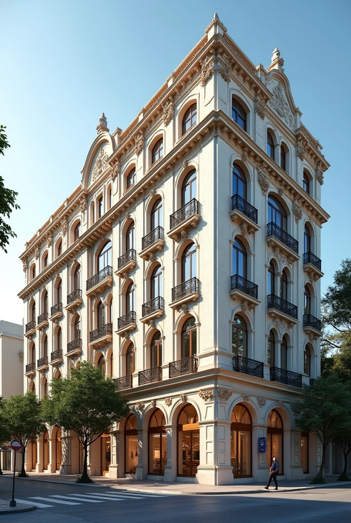 Make a 5-story building, dove, the ground floor is for commerce and the other floors are for housing. And also, with neocolonial facade and sample roof tiles. A 50 meter long horizontal building. Whether it is on a straight street or a continuous line, no corner.