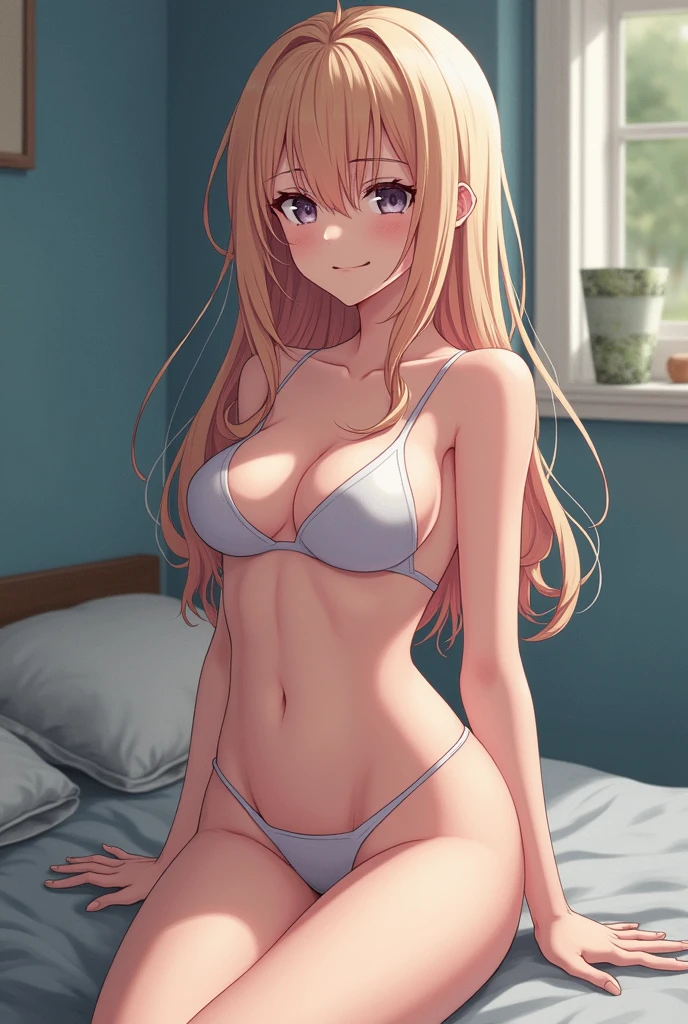 Selfie、Colored Hair、Semi-long hair、Blushing、lipstick、Perfect hands、Detailed hands、hand good、Covering breasts with hands、Small breasts、Covering breasts with hands、、Blushing、、Bedroom、night、Pink Panties,