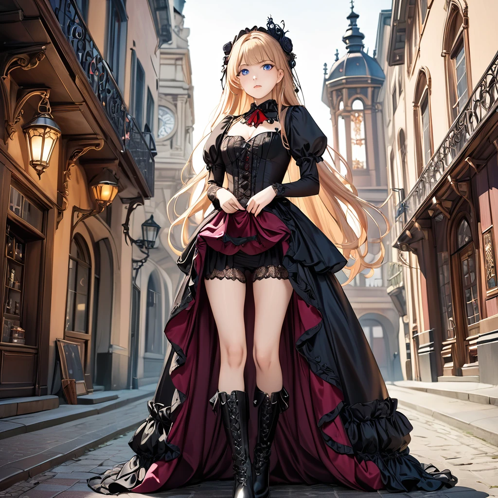 White background whole body mini skirt Woman in dress and boots , Baroque Dress, Wearing an elaborate steampunk dress, Elegant Gothic Princess, Victorian Gothic Fashion, historical Baroque Dress dark, Black Gothic Dress, Fantasy style clothing, Rococo Dress, Black Rococo, Fantasy Costume, wearing a Gothic Dress, Romantic Dresses, Gothic Dress,blonde,,Red eyes,city,Long Hair ,Black Hair , Blue Eyes , Straight hair , Thighs , whole body , Standing posture , ((ピンクのLace panties))Lace panties,(Showing panties:1.3), (Panty shot:1.3)Low - Angle,The viewer looks up from below,Displeased Low - Angle,The viewer looks up from below, (Skirt lift:1.3),(Highly detailed pink panties:1.3)、(Highly detailed panties:1.3)、、(スカート that rolls up:1.3)、(Full-fledged panties:1.5)、((女性器からのsemen:1.2)), clitoris, whiteおしっこ, semen, Love Juice, clitoris, white