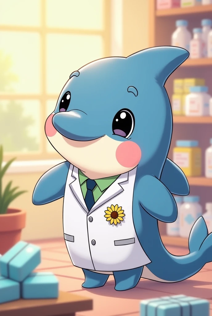 cute fb profile for a chibi short cute cheeks smiling dolphin pharmacist holding a medicine, color pallete of picture is more violet and blue and yellow, with a little sunflower pin on coat. animated like ghibli animation