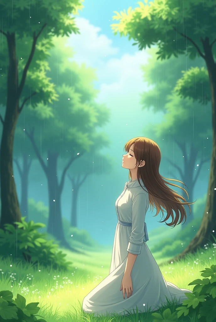 Create a anime style landscape image. Digital anime featuring a serene forest scene with a young woman as the central subject. The layout is vertical, with the woman positioned slightly off-center to the right. She has long, flowing brown hair and fair skin, and her eyes are closed as she tilts her head slightly upward, giving an impression of tranquility. She is wearing a white dress with long sleeves, which contrasts with the lush green foliage surrounding her. The background depicts tall trees with light filtering through the canopy, creating a misty, ethereal atmosphere. Raindrops are visible, adding a sense of freshness and calm to the scene.