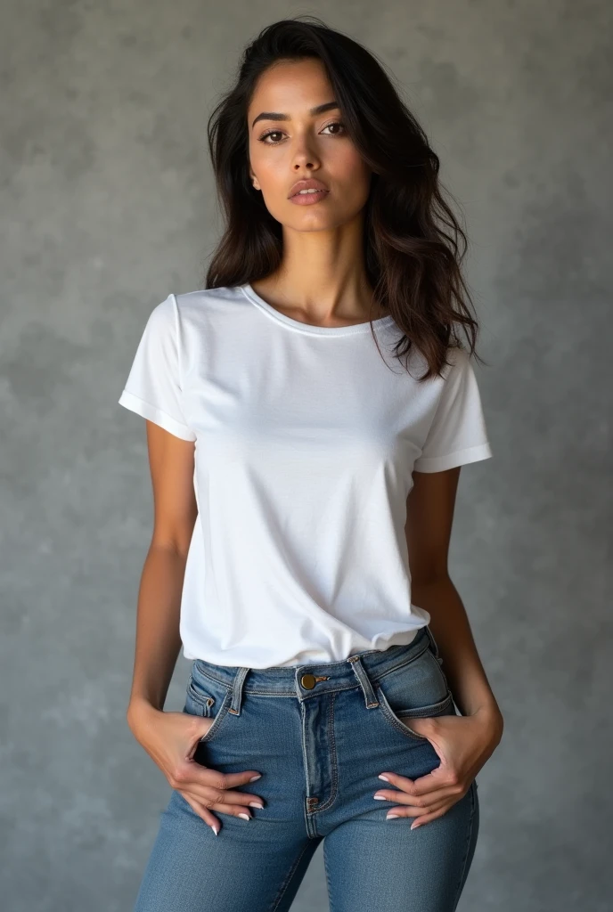 beautiful latin woman, standing straight facing forward,with white t-shirt, denim jeans pants, on a greyish background, cotton t-shirt texture, fitted t-shirt, round neck, striped tights. Medium camera shot.
