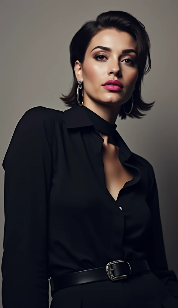 Captured from a low-angle perspective, a medium-sized woman stands in front of a stark white backdrop. She is dressed in a black button-down long-sleeved blouse, adorned with a black collar and a black leather belt. Her hair is styled in a short bob, adding a touch of texture to her face. Her eyes are adorned with dark brown eyes and a bold pink lip. Her left earring is adorned with silver earrings. Her right ear is encircled by a thin silver chain. Her lips are painted a vibrant shade of pink.