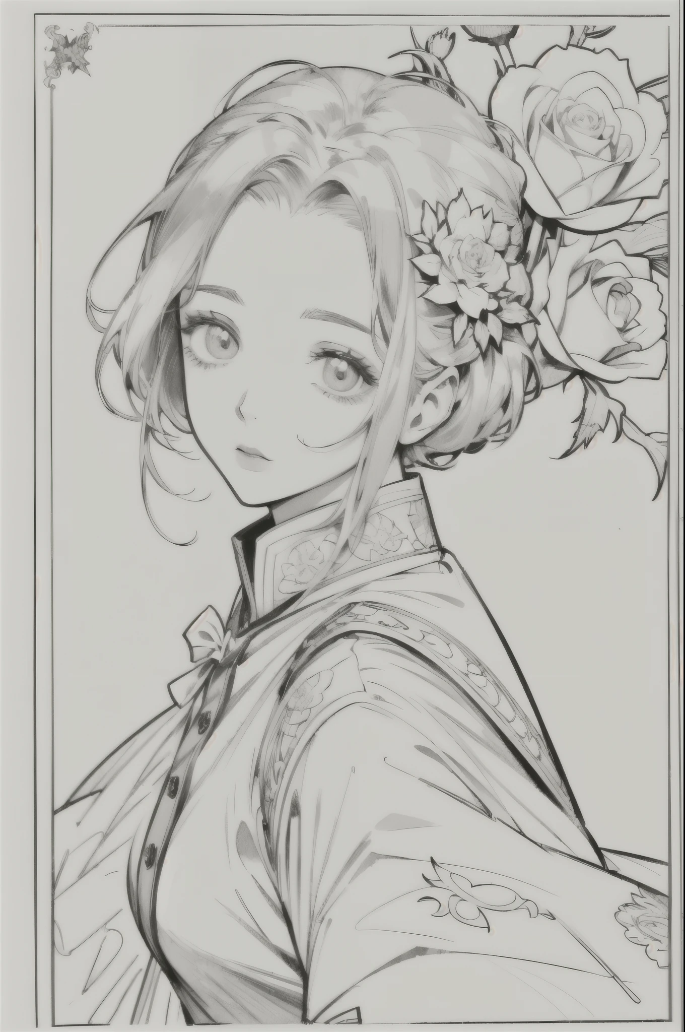 ((As a coloring book, the colors should be white and black, the border should be simple, clear, distinct and thick lines)). Cartoon picture book of beautiful Asian girl with short golden hair, clear skin, one girl, close up of head, roses background, clean line drawing