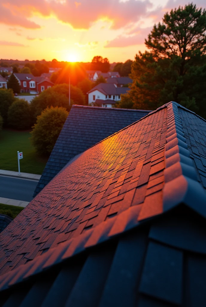 Create an advertising image of a roof for a roofing company at sunset with no people and no text ￼