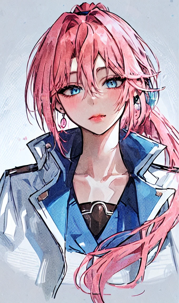 1girl, portrait, earrings, solo,lips, female focus, blue eyes, looking at viewer, pink hair, long hair ponytail, closed mouth