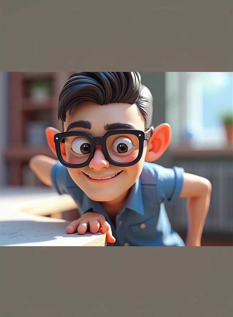 Cartoon character of a man in black glasses and blue shirt, an animated character, stylized character, animation style rendering, 3d stylized, Arnold Maya rendering, Stylized 3D rendering, toon render screenshot, 3d character, 3d character, Stylized 3D rendering, 3D character rendering, cartoon character, Personagem de close up, character posing, (Pixar-style) (master part:1.2) (bokeh) (best qualityer) (skin detailed) (detailed texture) (8k) (Argilla) (cinematic lighting) (sharp focus，Sit down and lift your upper body