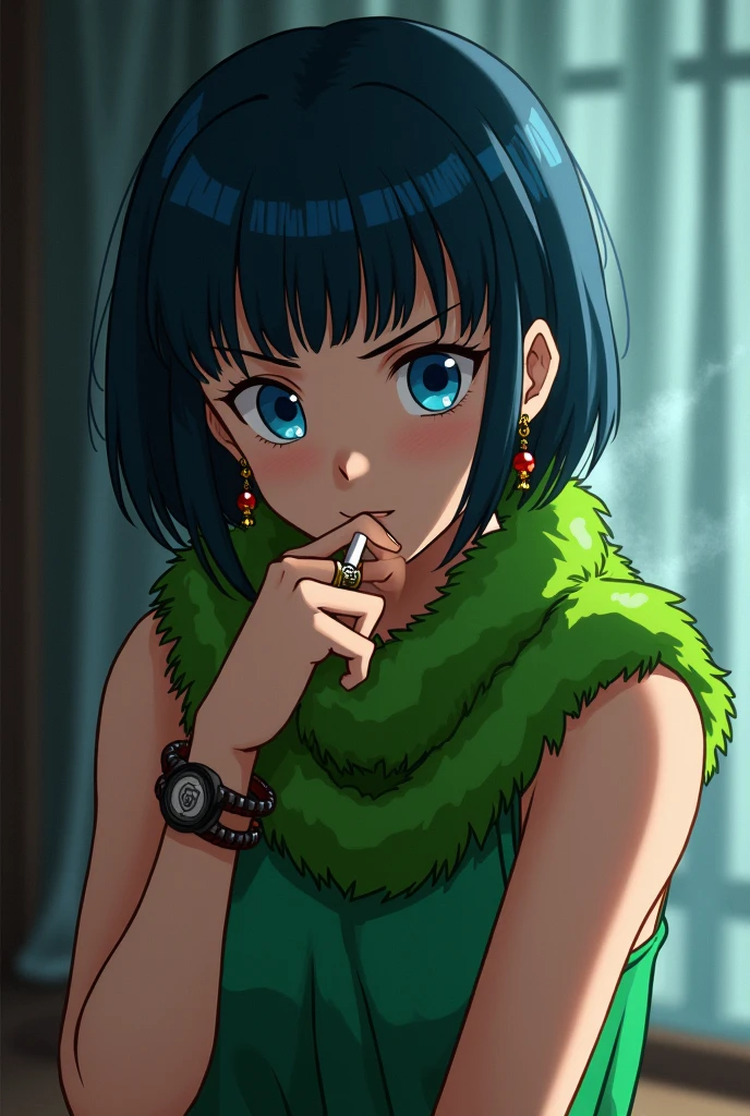 buu saga, bulma, 1 girl, Alone, looking at the viewer, Bowl cut, very short hair, blue eyes, tenure, jewelry, Upper part of the body, earrings, green fur, sleeveless, inside, bracelet, smoke, look, cigarette, hoop earrings, green dress, de smoke, wristlook, lighting cigarette, big boobs