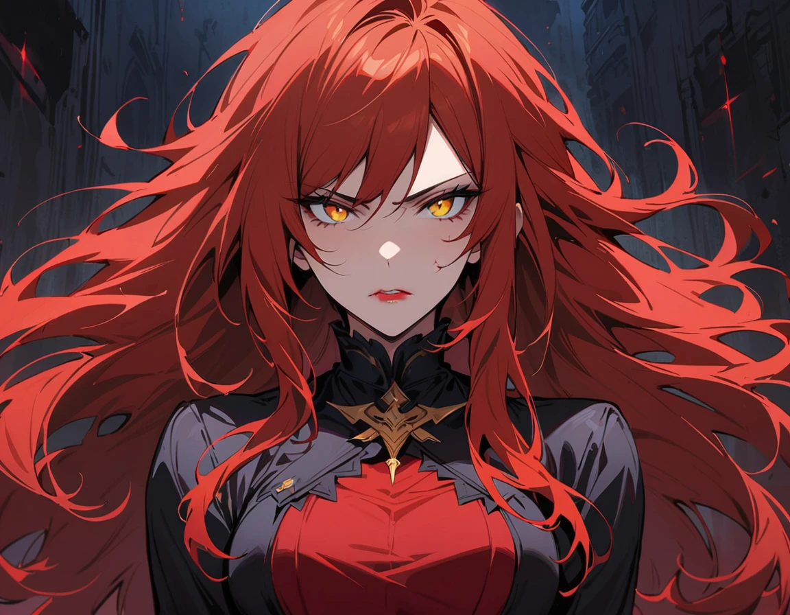 Long red hair, yellow eyes, evil, sexy, black and red clothes, tied hair, cute hairstyle, evil face, evil, serious look, gloss lips, sit, sinister, front look, bloody, gloves, close up, portrait, beautiful eyes, short dress, big white, dark place, night, sensual, straigh hair cut, clear skin, evil, young 30 years girl, adult girl, solo, red, very long hair, (((Half body portrait))) Long red hair, yellow eyes, evil, sexy, black and red clothes, tied hair, cute hairstyle, evil face, evil, serious look, gloss lips, sit, sinister, front look, bloody, gloves, close up, portrait, beautiful eyes, short dress, big white, dark place, night, sensual, straigh hair cut, clear skin, evil, young 30 years girl, adult girl, solo, red, very long hair, HAIR DOWN, ANKLE LENGTH HAIR, FIERCE EXPRESSION, villain, handsome older WOMAN，crimson-eyes，crimson pupils，Long CRIMSONhair，Hyperresolution，accuracy，Detailed rendering，（Subtle facial image）（Image of fine hair）（topquality）（Masterpieces of masters）（High degree of completeness）（A sense of atmosphere）tmasterpiece，Super detailed and super detailed（portrait))(((Mature woman))) (((Villain))) (((Older female)))(((Full body view)))