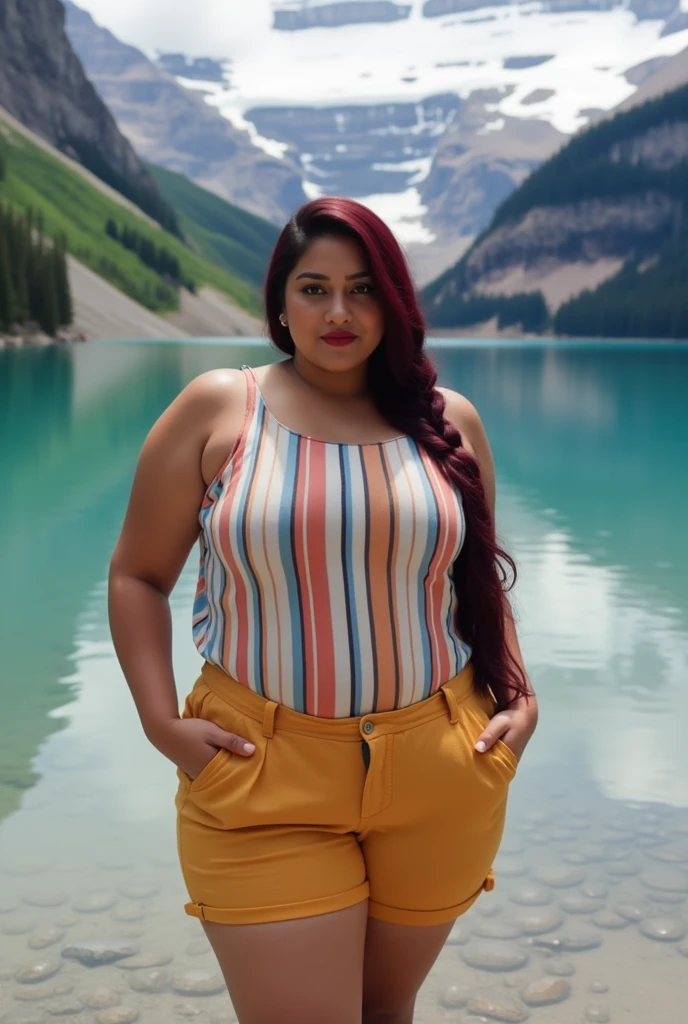 gorgeous curvy plus size Indian bengali actress ritavori , glowing eyes, wearing SHEIN LUNE Knit Striped Printed Sleeveless Crossed Back Casual Tank Top For Summer Color: Multicolor , covered Bust, parted lips, blushing cheeks, thick thighs, bigger waist, busty, curvy plus size body, full body, full body shot, head to toe view, smoothning burgendy color hair with pfrench braid hairstyle, hourglass body, curvy plus size body, smile face, bigger waist, busty, big hips, fleshy thighs, thick thighs, busty, full body view, Banff National Park, Canada: Majestic mountains and turquoise lakes.