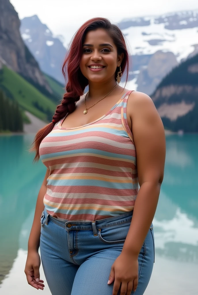 gorgeous curvy plus size Indian bengali actress ritavori , glowing eyes, wearing SHEIN LUNE Knit Striped Printed Sleeveless Crossed Back Casual Tank Top For Summer Color: Multicolor , covered Bust, parted lips, blushing cheeks, thick thighs, bigger waist, busty, curvy plus size body, full body, full body shot, head to toe view, smoothning burgendy color hair with pfrench braid hairstyle, hourglass body, curvy plus size body, smile face, bigger waist, busty, big hips, fleshy thighs, thick thighs, busty, full body view, Banff National Park, Canada: Majestic mountains and turquoise lakes.
