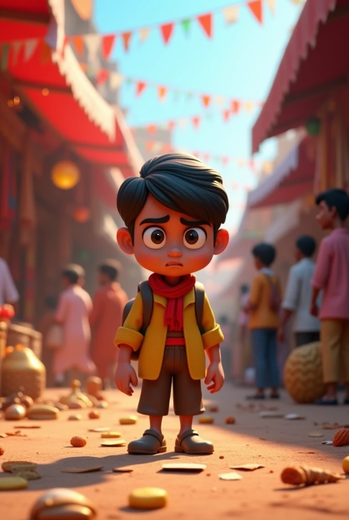 3d cinematic cartoon style image of "Ramū is looking concerned and searching through the crowded mela. The background shows the fair’s stalls and people milling about. A close-up of a small, important-looking document lying on the ground.."