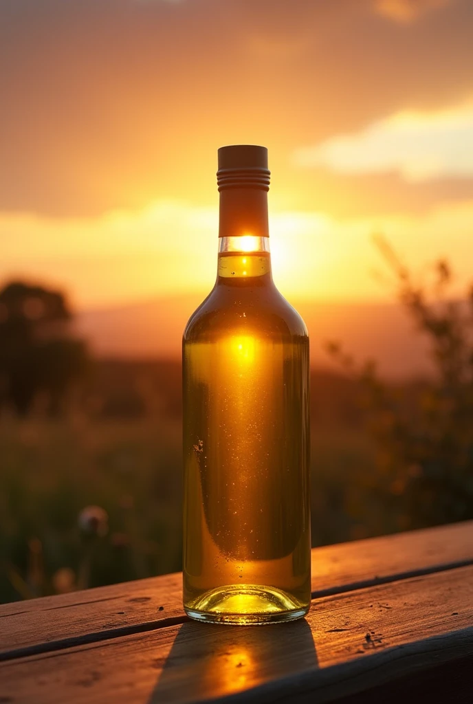 A bottle of olive oil in a stunning sunset