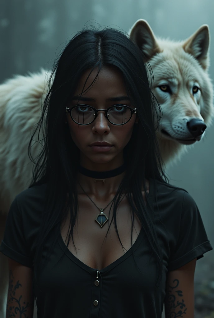 Une fille noire avec des lunettes et des piercings et un tatouage au cou, qui pleure et qui est triste, avec un loup blanc derrière elle triste 