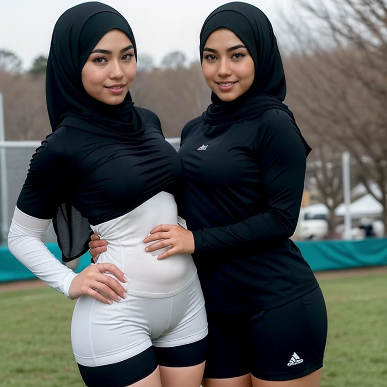 RAW, Best quality, high resolution, Masterpiece: 1.3), Beautiful malay woman in rugby outfit wearing shawl style hijab, non naked, wearing jersey outfit, ((2 females, grabbing each others breasts, breasts groping, breast docking)), flawless face, cute face, pretty malay face, beautiful white teeth, Masterpiece, Perfect plump body, full body, sexy rugby outfit, tight breasts, short hair, ((wearing black shawl style hijab, wide and long hijab)), covered in cum, soaked in semen, beautiful big eyes, watery eyes, Soft smile, smiling, breezy, skin details, skin texture details, wide hips, thick thighs, sexy plump body, morning time, happy, bright sunshine, at football field, blurred background, bokeh, ((white, black and grey outfit, wearing baggy rugby jersey shirt short sleeves, wearing black handsocks, wearing tight shorts, wearing black long socks, wearing sweater)), ((standing, sexy legs)), ((hands above breasts)), ((wearing long black gloves))