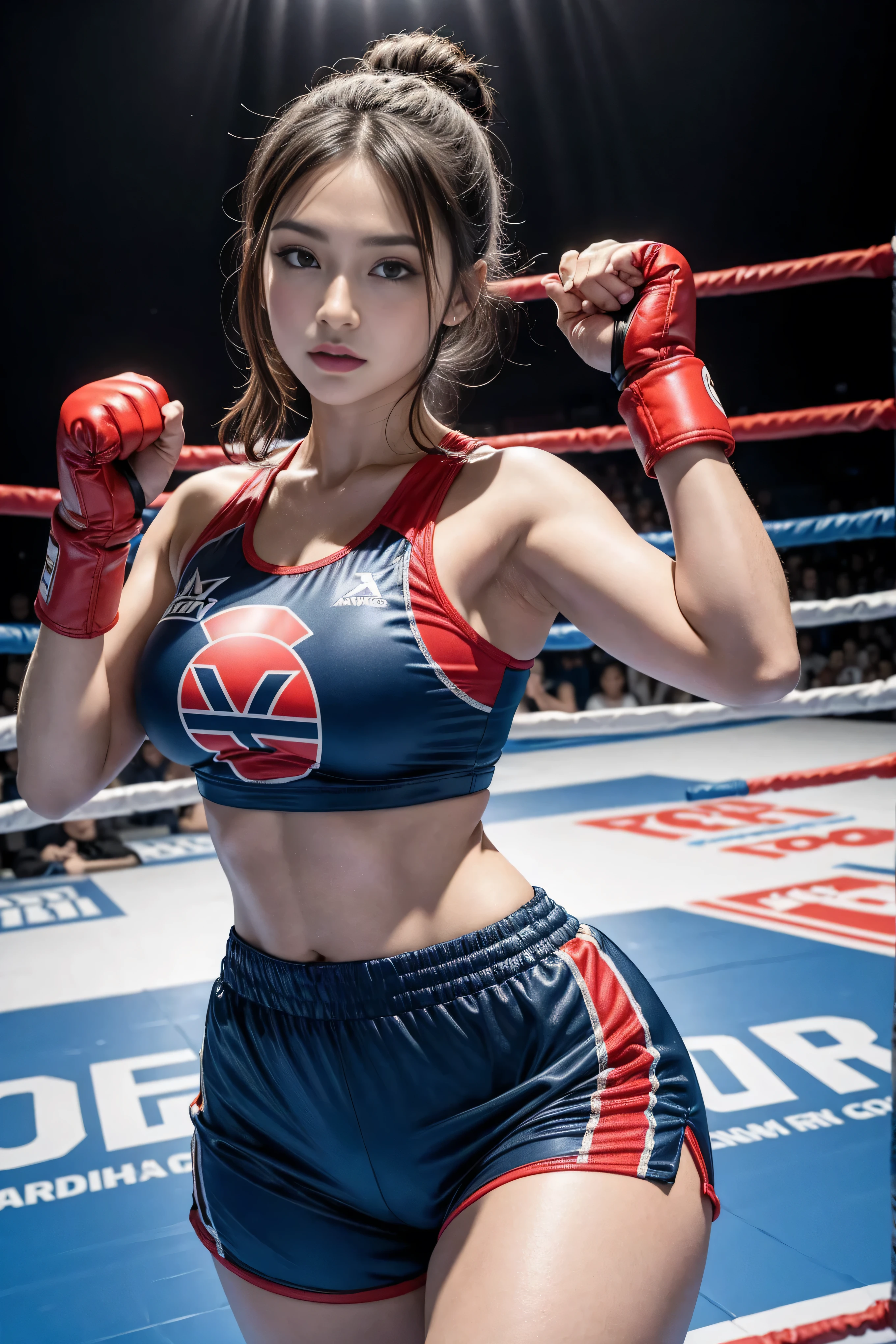 Arav woman poses in a diving suit in a boxing ring, and shorts streetwear, Sports Fashion Photography, Sports and shorts, Hero Muay Thai Pose, MMA Left Hand Posture, shorts, Sports and Shirt, mina petrovic, mandy jurgens 8 k 1 5 0 mpx, Short stature, Victoria Gavrilenko