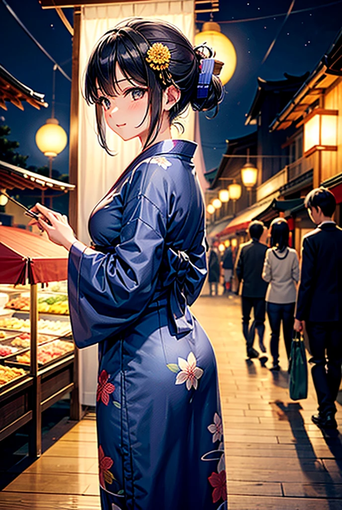 Wearing a bright navy blue yukata on a summer night。The yukata features a delicate morning glory pattern.、It gives off a cool summer vibe.。She is at the summer festival at night、Standing under the dim light of a lantern、Her black hair, which reaches down to her back, is blowing in the wind.。Her eyes have a deep and fascinating look、There is a slight smile on his lips。In the background、As the cool sound of wind chimes echoes、People wearing yukata々The street lined with food stalls and bustling people spreads out.、Fireworks are shining in the night sky。The overall atmosphere is、Enveloped in the mystery and coolness of a summer night、It gives off an elegant and enchanting beauty.