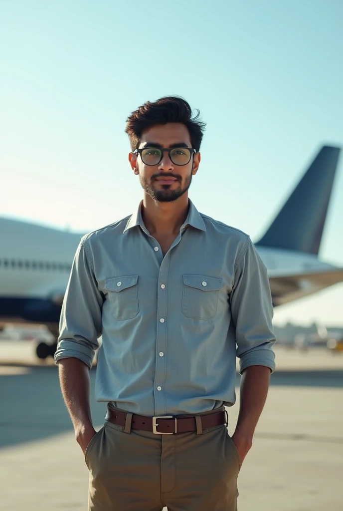 20 year old Indian boy watch normal dress and glasses posing for aeroplane in background