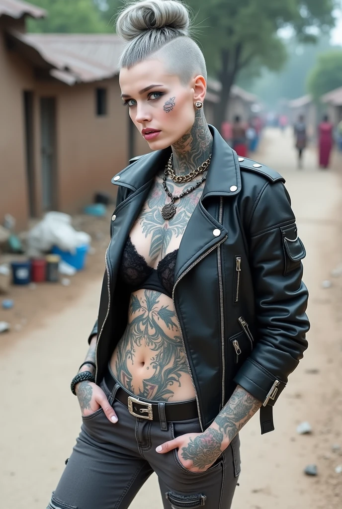 russian milf woman, grey hair (pouf, shaved sides, top bun), with very light blue eyes, extremely pale skin. All neck tattooed. All stomach tattoed. .All hands tattooed.Wearing aged black moto jacket with lots of zippers and pins, flipped up collar. Expensive black lace bra.. Dark grey skinny low rise jeans with holes. wide black studded belt. hands in pockets, chin up, stretching her neck , humble facial expression.. Listening with tilted head, looking up to somebody more clever speaking to her. Well toned abdominals, thin neck, slim legs and thin arms. Narrow hips. Lots of metal collars and necklaces, lots of chain pendants. Lots of metallic bracelets. Dirt street in Kenyan village full of waste. Lots of silver bracelets. A lot of tanned fat women in traditional dresses around looking down at her