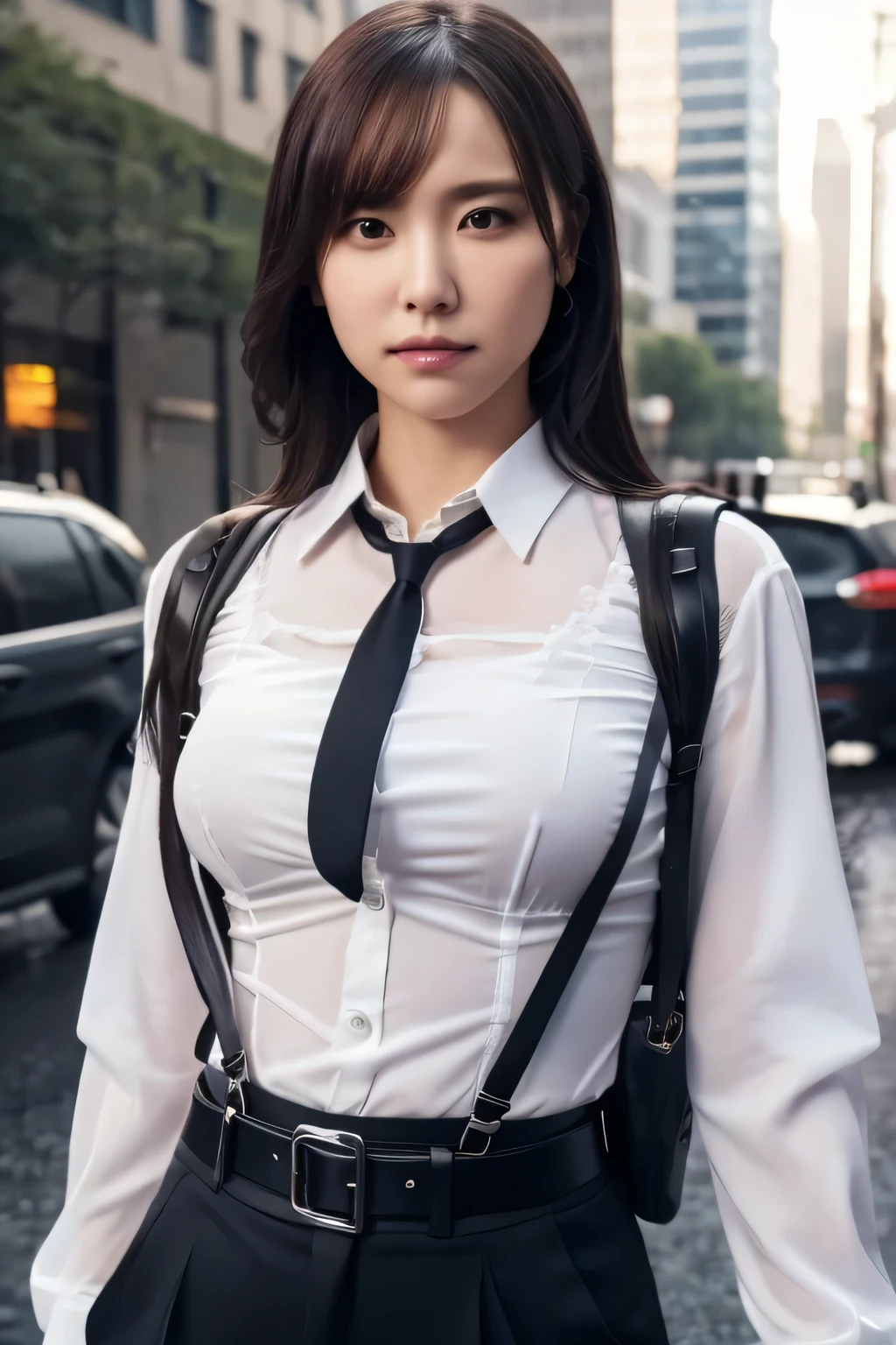a woman in a suit, belt, hands behind back, sweating, suspenders, black pants, sexly, large breasts, see-through clothing, rain, detective, office worker, white button-up shirt, (best quality,4K,8k,highres,masterpiece:1.2),ultra-detailed,(realistic,photorealistic,photo-realistic:1.37),hyper-detailed,highly detailed face and body, Slender thin suspenders Moderate breasts See-through shirt Nipples holster chain Pistol Armament criminal Female criminal knife