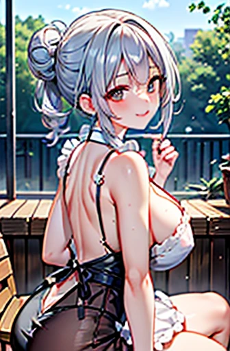 (Beautiful Arafifu woman),(((Accentuate your breasts:1.3))),(Dynamic Angle),(Dynamic and sexy bending pose:1.3),(Sit on a chair:1.3),(Shiny silver and orange inner color short hair,Big ample breasts,Clothing gets messy due to movement,Chest slip,(Intricately braided and beaded twisted ponytail bun,Braided Setup Fishbone Hair),(See-through bangs),Huge breasts、(((A white lace apron that shows your bare skin from under your big breasts.....)))、blush with embarrassment、Dreamy eyes、A smile that captivates the viewer、(look back:1.7)、Take a look at the photographer,Sweaty skin,Staring at the audience,(Professional Lighting),(In 8K,Tabletop,Highest quality,Ultra-high resolution output images,),(Ultra HD with Intricate Detail Picture Mode),Depth of written boundary,Beautiful Hands,Beautiful fingers,Detailed characteristics of the fingers,(Detailed hair features:1.7),Detailed facial features,Detailed clothing features,