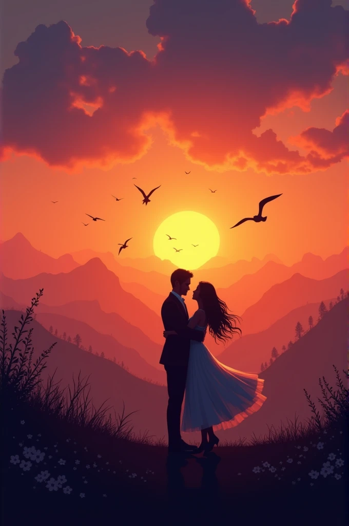 Couples danceing the night away at different color sunset in a on a beautiful hill top with birds flying