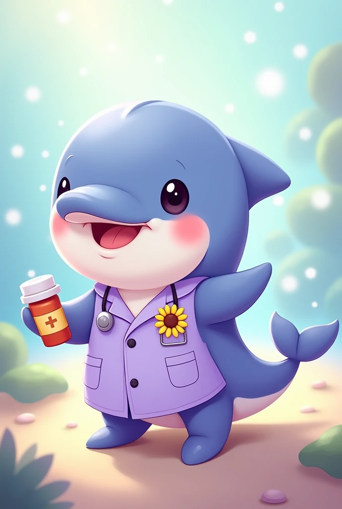 cute  fb profile for a chibi short cute cheeks smiling dolphin pharmacist holding a medicine, color pallete of picture is more violet and blue and yellow, with a little sunflower pin on coat. made like painting but cute animation