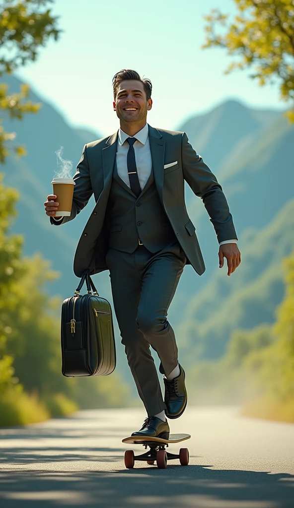 A man in a suit, holding a coffee cup in his left hand and a business bag in his right hand, riding a skateboard on the road at high speed. He looks happy, and the background atmosphere is a green mountain with leaves blowing.