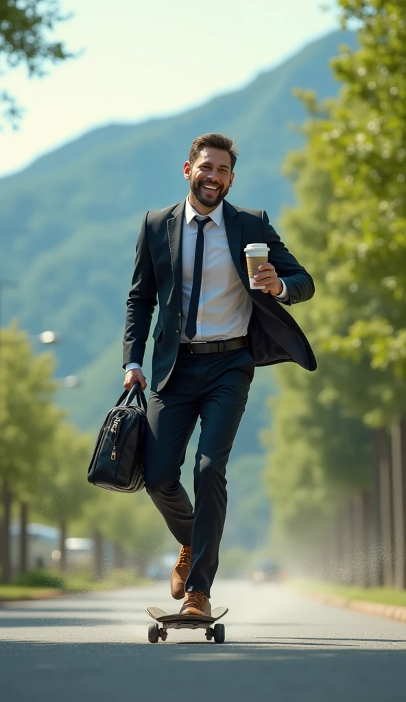 A man in a suit, holding a coffee cup in his left hand and a business bag in his right hand, riding a skateboard on the road at high speed. He looks happy, and the background atmosphere is a green mountain with leaves blowing.