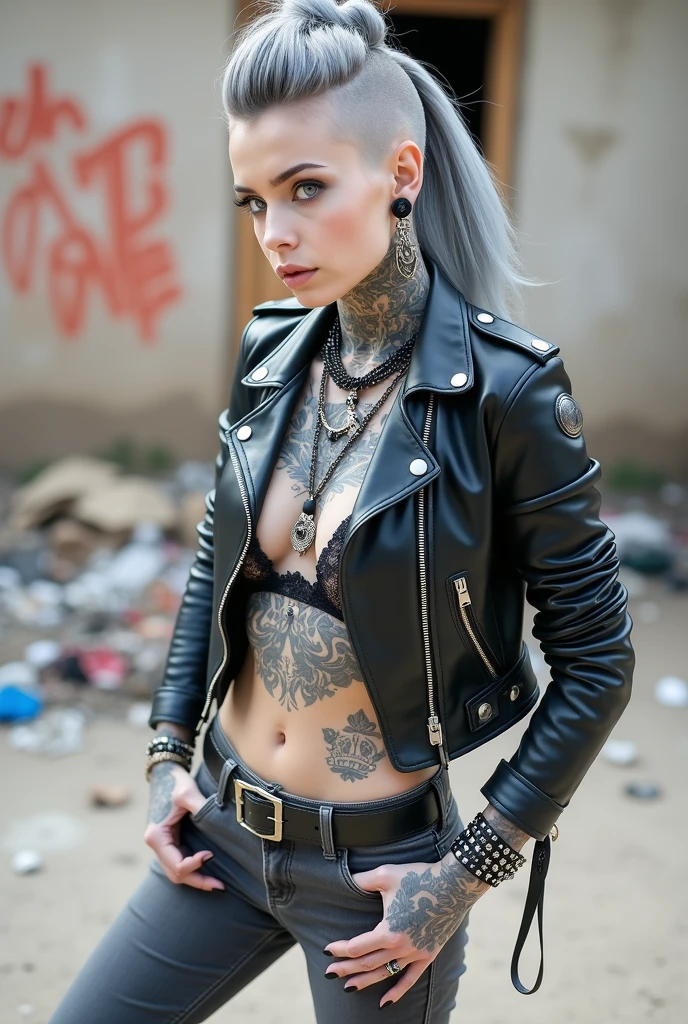 russian milf woman, grey hair (pouf, shaved sides, top bun), with very light blue eyes, extremely pale skin. All neck tattooed. All stomach tattoed. .All hands tattooed.Wearing aged black moto jacket with lots of zippers and pins, flipped up collar. Expensive black lace bra.. Dark grey skinny low rise jeans with holes. wide black studded belt. hands in pockets, chin up, stretching her neck , humble facial expression.. Listening with tilted head, looking up to somebody more clever speaking to her. Well toned abdominals, thin neck, slim legs and thin arms. Narrow hips. Lots of metal collars and necklaces, lots of chain pendants. Lots of metallic bracelets. Dirt street in Kenyan village full of waste. Lots of silver bracelets. A lot of tanned fat women in traditional dresses around looking down at her