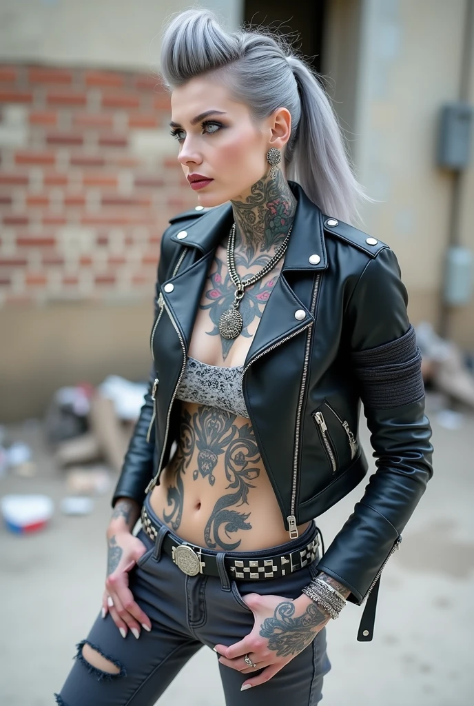 russian milf woman, grey hair (pouf, shaved sides, top bun), with very light blue eyes, extremely pale skin. All neck tattooed. All stomach tattoed. .All hands tattooed.Wearing aged black moto jacket with lots of zippers and pins, flipped up collar. Expensive black lace bra.. Dark grey skinny low rise jeans with holes. wide black studded belt. hands in pockets, chin up, stretching her neck , humble facial expression.. Listening with tilted head, looking up to somebody more clever speaking to her. Well toned abdominals, thin neck, slim legs and thin arms. Narrow hips. Lots of metal collars and necklaces, lots of chain pendants. Lots of metallic bracelets. Dirt street in Kenyan village full of waste. Lots of silver bracelets. A lot of tanned fat women in traditional dresses around looking down at her