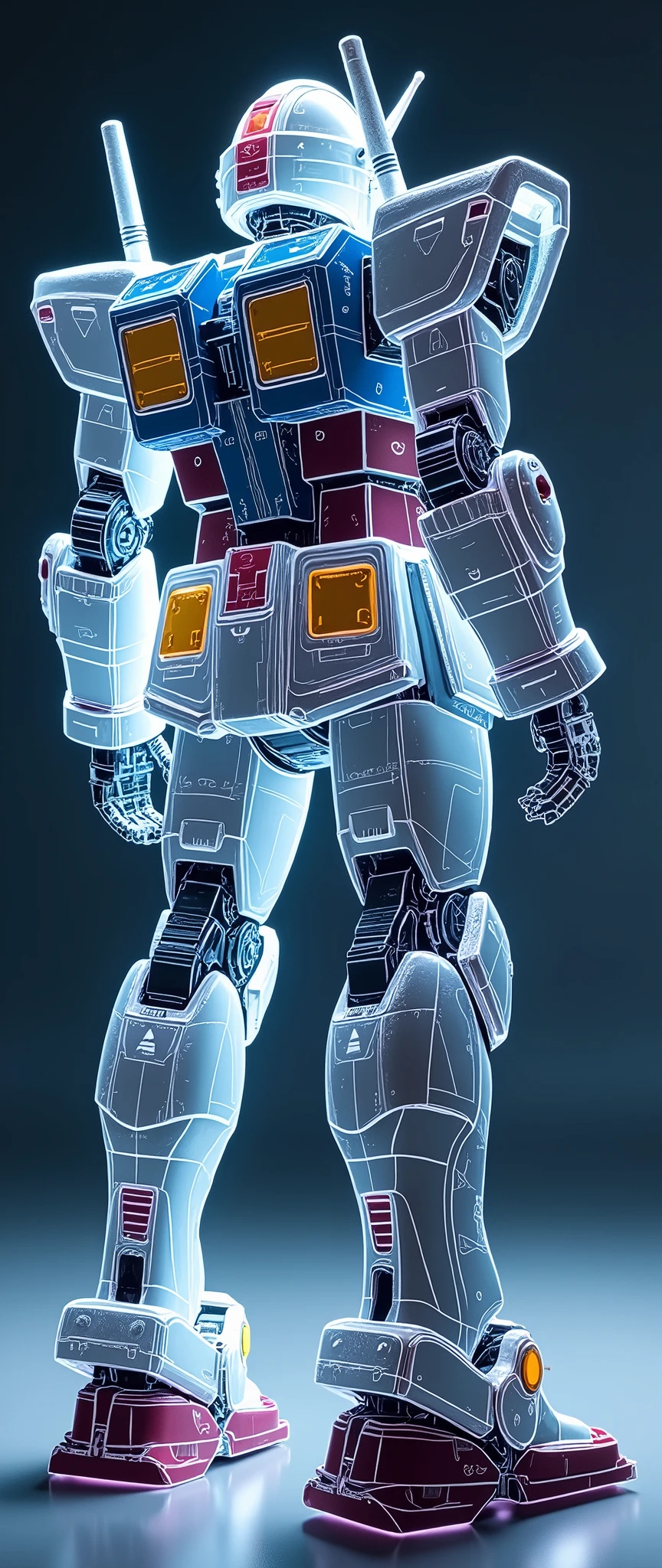 (masterpiece:1.2,Exceptional Quality,mirror-like,Cinematic Experience,Photorealistic:2.0,RAW Photos:2.0,Super detailed),8k,wallpaper,,(Depicted in a hologram:2.0),(Hard Edge:2.0),(Robot blueprint:2.0),(Draw the back view:2.0),(機動戦士Gundam:2.0),(Gundam),(RX78-2:2.0),(Twin Eye:2.0),(Avant-garde mechanical design:2.0),(Drawing detailed blueprints:2.0),(Numerous notes about the settings:2.0),(Rainbow Colors:2.0)