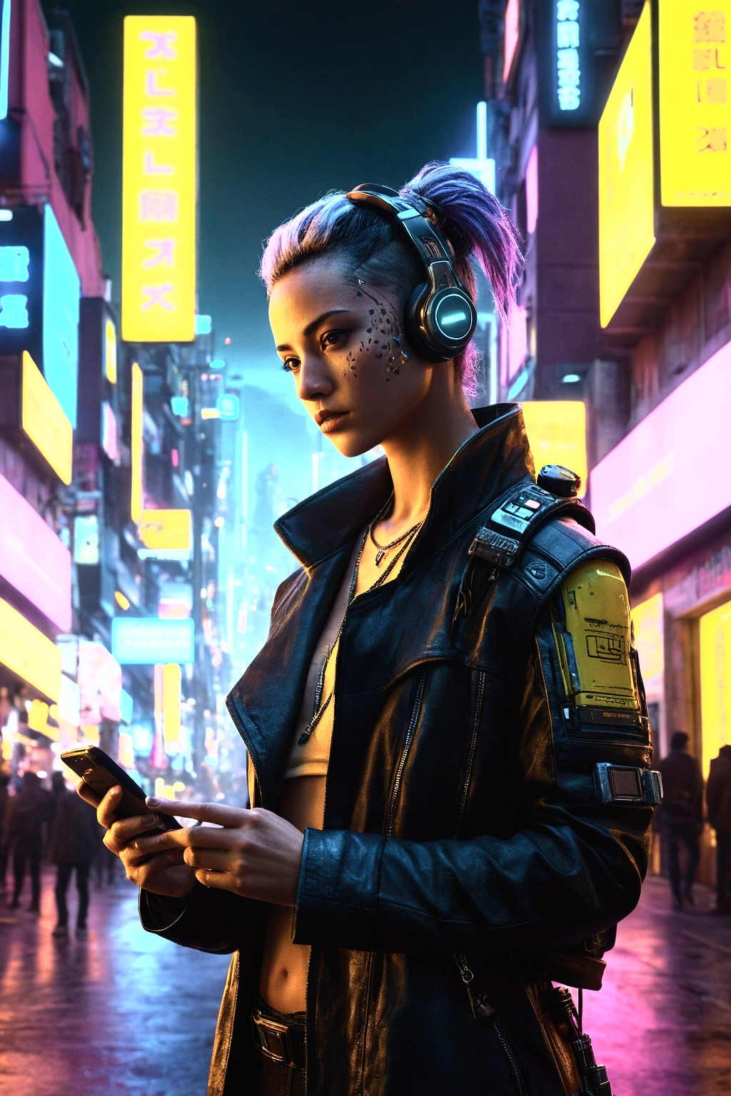 cyberpunk style photo, futuristic character using a cell phone, write large and prominently at the top of the photo "Store Abastecida!" with yellow lights, in the background a cyberpunk city, uhd, high details, cinematographic lut, 32k unreal engine, RAW photo, (high detailed skin:1.2), 8k uhd, dslr, soft lighting, high quality, film grain, Fujifilm XT3, photorealistic image