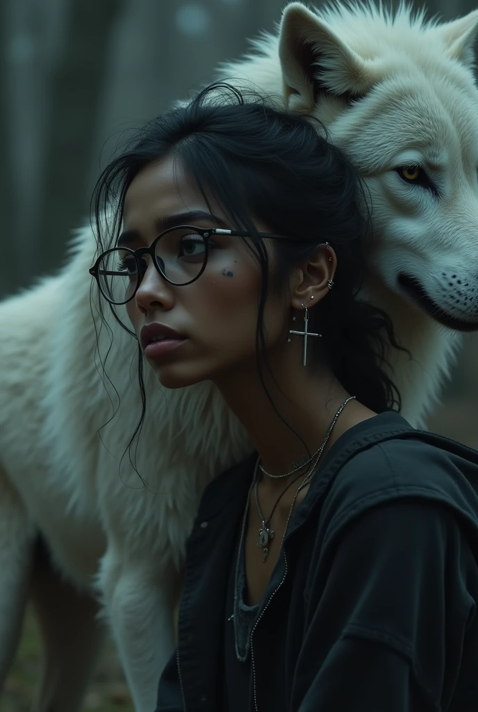 Une fille noire avec des lunettes et des piercings et un tatouage au cou, qui pleure et qui est triste, avec un loup blanc derrière elle triste 