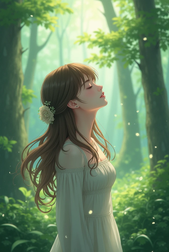 Create a anime style closeup image. Digital anime featuring a serene forest scene with a young woman as the central subject. The layout is vertical, with the woman positioned slightly off-center to the right. She has long, flowing brown hair and fair skin, and her eyes are closed as she tilts her head slightly upward, giving an impression of tranquility. She is wearing a white dress with long sleeves, which contrasts with the lush green foliage surrounding her. The background depicts tall trees with light filtering through the canopy, creating a misty, ethereal atmosphere. Raindrops are visible, adding a sense of freshness and calm to the scene.