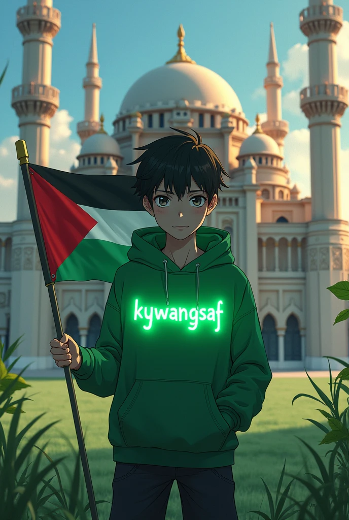 ANIME MALE IN FRONT OF A MOSQUE HOLDING A PALESTINIAN FLAG AND WEARING A LIGHT GREEN HOODIE WITH WRITING "kyywangsaf
" WITH A NICE FONT AND IT LIGHTS UP IN GREEN AND THERE ARE WIND EFFECTS AND LOTS OF GRASS