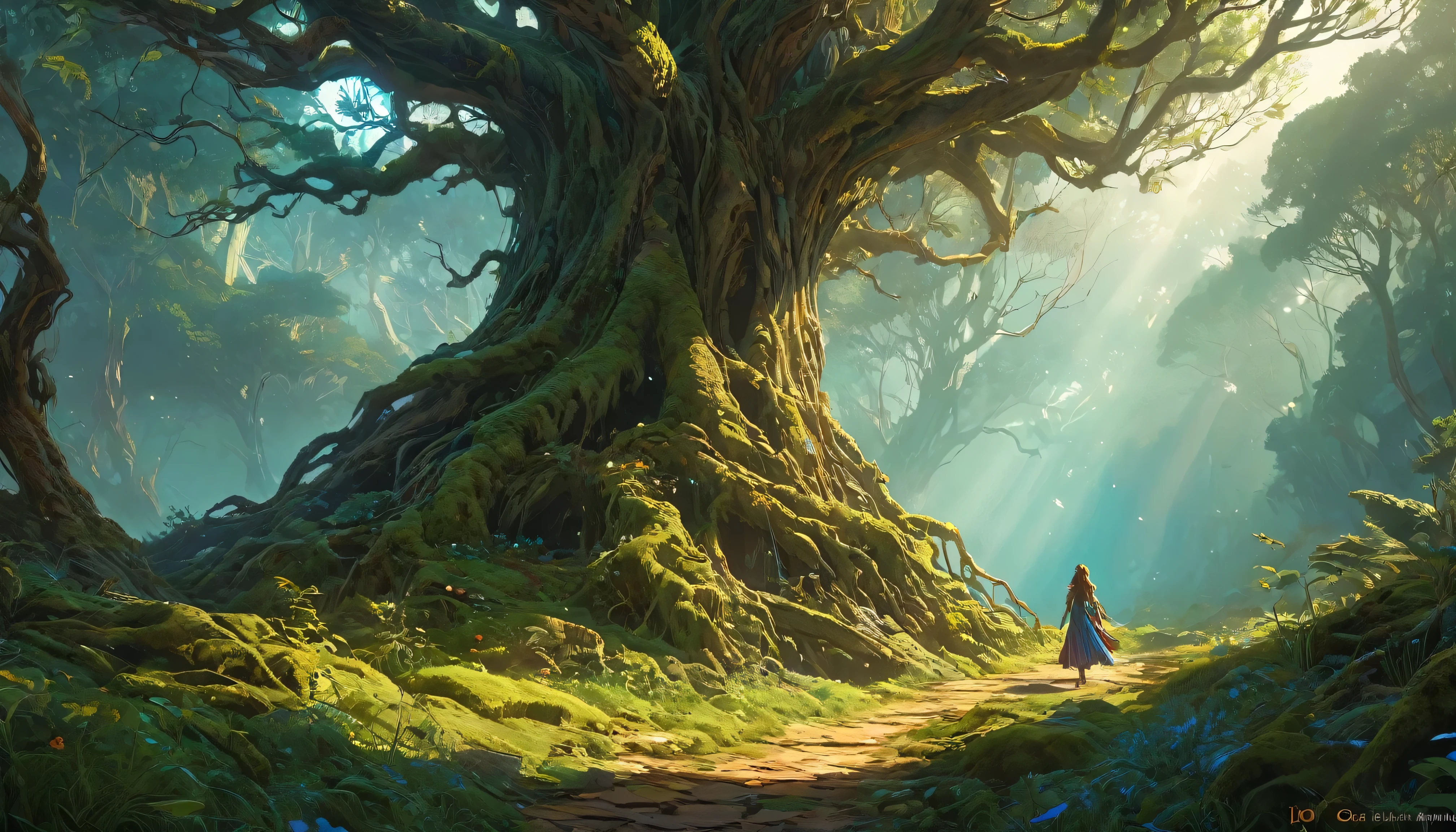 (anime, fantasy, sentient tree), (detailed CG unity 8k wallpaper, masterpiece, best quality, highly detailed, HDR:1.2), an girl wandering old forest, old weathered tree, wisdom, heavenly atmosphere. {4k texture} {detailed landscape} {side angle shot}, vibrant color, intricate, ethereal lighting. From Brian Froud and Carne Griffiths and Wadim Kashin and John William Waterhouse