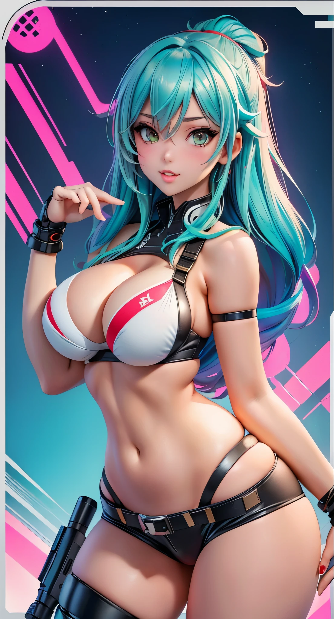 anime girl with a big ass in a golfen bikini, cutesexyrobutts, oppai cyberpunk, thicc, 2b, 2 b, oppai, anya from spy x family, biomechanical oppai, makoto, commission for high res, oc commission, tifa lockhart, oppai proportions, tifa, daisyduke shorts, fortnite cards background style ,multicolored hair blue with red vanes,